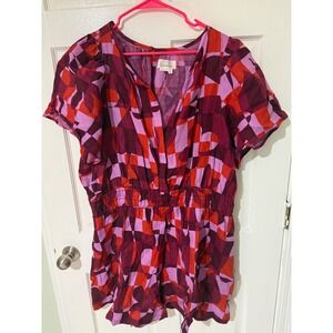 Anthropologie Geometric Abstract Print Romper Red Purple Smocked Waist Plus 2X